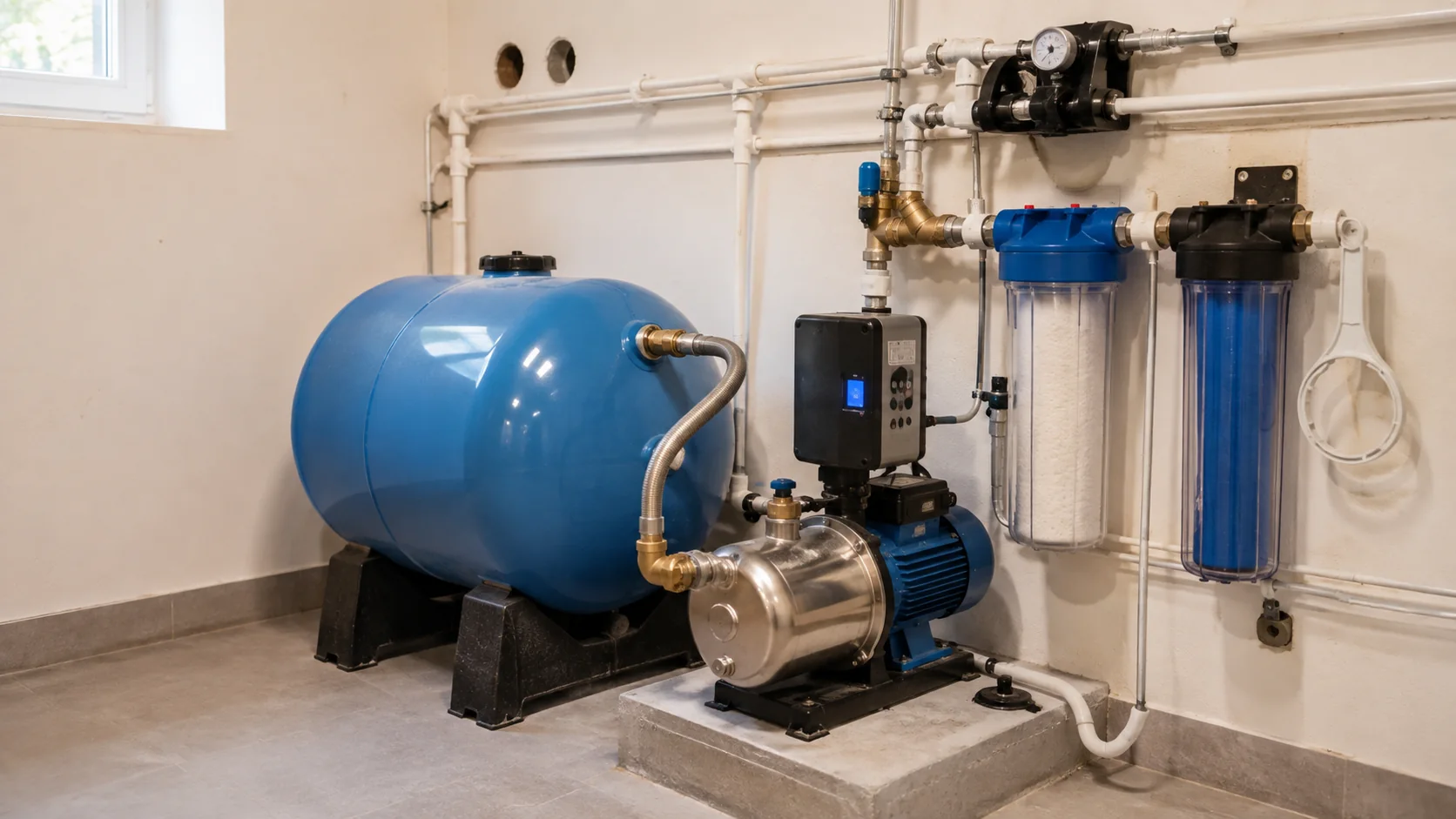 Poglądowa instalacja hydroforowa ze zbiornikiem, pompą i filtracją